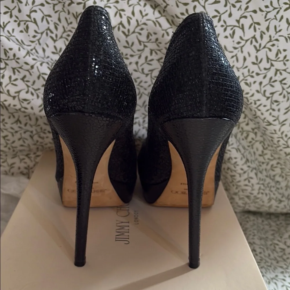 Jimmy Choo Black Glitter Platform Heels - Picture 4 of 8